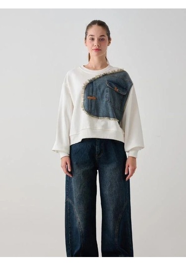 Kız Çocuk Mevsimlik Önü Denim Garni Cepli 3 İplik Sweatshirt-14773 Ekru