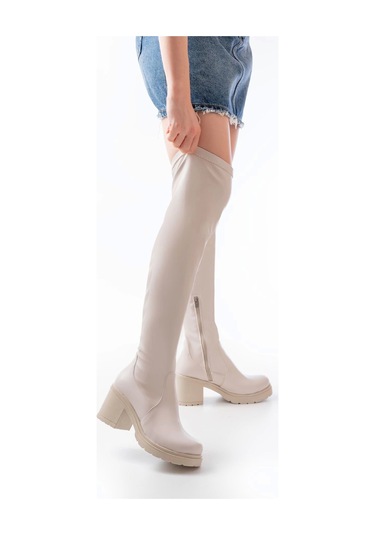 Bej Streç Günlük Kalın Topuklu Kadın Çizme Bej