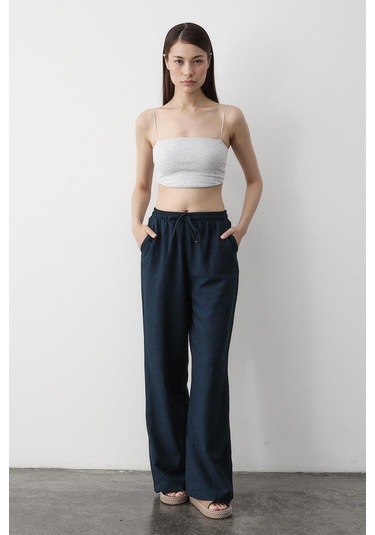 Lacivert Beli Lastikli Bol Paça Pantolon Lacivert