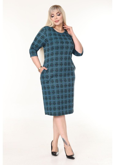 Çift Cepli Kışlık Büyük Beden Esnek Elbise 43b-2634 Desenli