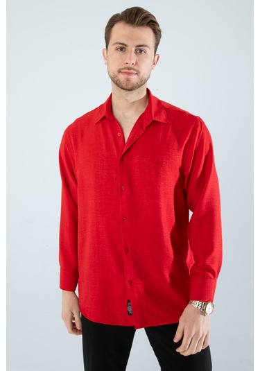 Rahat Kesim Keten Dokulu Gömlek Kırmızı