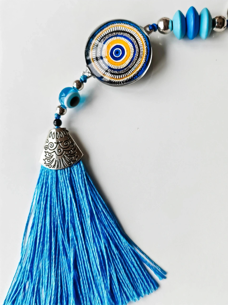 Desenli Cam Boncuklu Mavi Püsküllü Anahtarlık