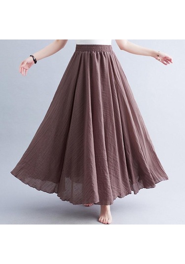 Yaz Sonbahar Kadın Etek Edebi Büyük Boy Pamuk Keten Yarım Etek Elastik Bel Keten A-line Etek Uzun Bölüm Saf Renk Rüzgar Salıncak Etek Derin Pembe Koyu Pembe