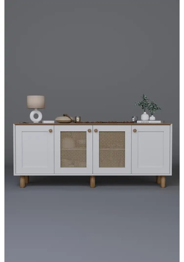 Bohem Serisi Natura 2 Kapak Pvc Hasır Desen Mat Beyaz - Açık Ceviz Konsol Açık Ceviz & Beyaz