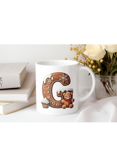 G Kurabiye Harf Ve Ayıcık Detaylı Kupa Bardak - Yeni Yıl / Yılbaşı Temalı Tasarım - Noel Hediye Beyaz