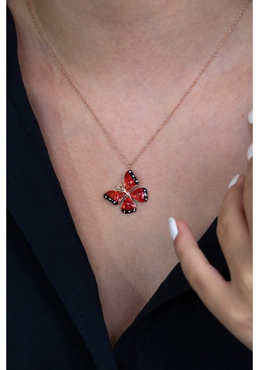 Gümüş Kırmızı Mineli Kelebek Kolye Wsn269