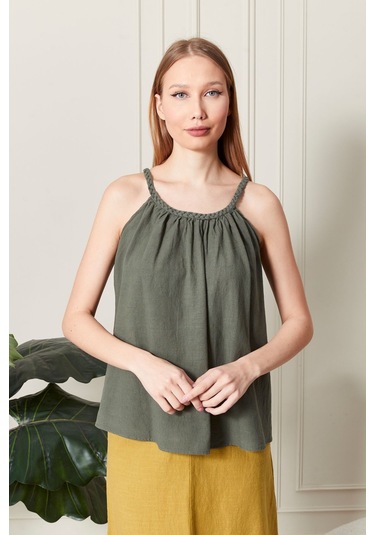 Şık Farklı Tarz Keten Işıl Bluz - Zarif Ve Modern Tasarım Haki