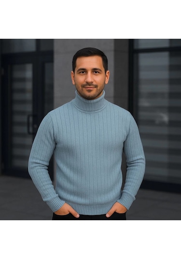 Erkek Balıkcı Yaka Bağazlı Triko Kazak Pamuklu Kalın Fitilli Dokuma, Regular Fit Uzun Kollu Kışlık Model - Bebe Mavisi Siyah