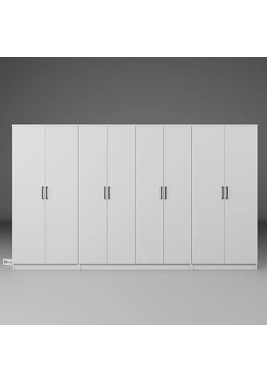 Kardelen Serisi 300 Cm Mat Beyaz 8 Kapılı 13 Raflı Elbise Dolabı - Gardırop Seti Beyaz