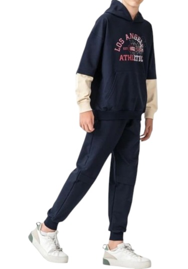 Erkek Çocuk Athletic Yazılı Kapüşonlu Kanguru Cepli Lacivert Renk Eşofman Takımı Lacivert