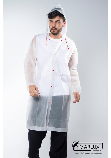 Marlux Unisex Su Rüzgar Geçirmez Kapüşonlu Çıtçıt Düğme Eva Yağmurluk - Beyaz - Kırmızı