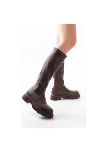 812-301 Kahverengi Streç Arkadan Fermuarlı Günlük Kadın Çizme Kahve Rengi