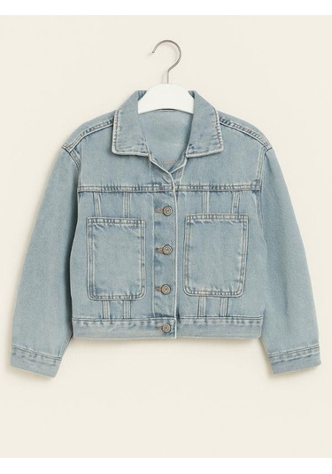 Kız Çocuk Yandan Kanguru Cepli Kot Ceket-16066 Mavi