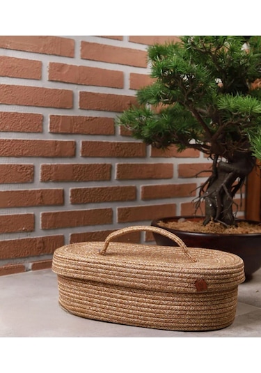 Jüt Hasır Sepet Oval Kapaklı Organizer 30x20