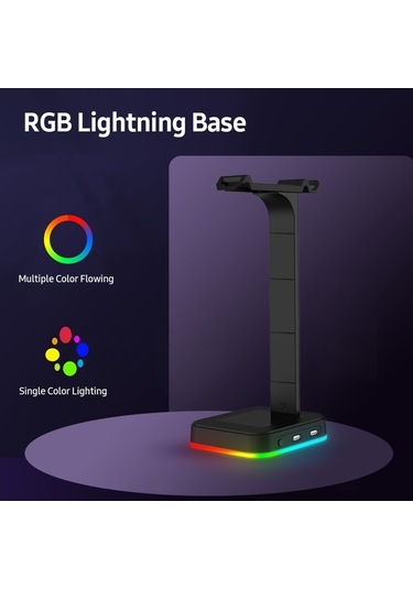 Pazly Rgb Bilgisayar Standı Kulaklık Tutucu, 2'li Hub, Usb Şarj, Çıkarılabilir Askılı, Oyuncu Kulaklık