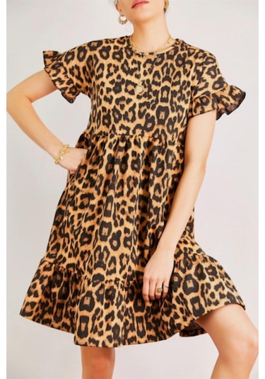 Kadın Eteği Ve Kolu Büzgülü Leopar Desenli Elbise Leopar