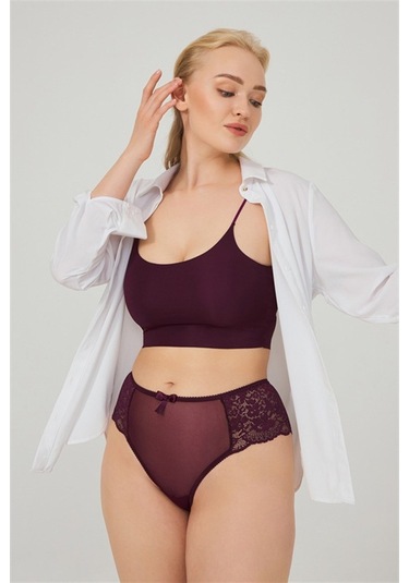 Dantelli Tül Detaylı Büyük Beden Kadın Brezilya 7'Li Paket Külot-Çok Renkli