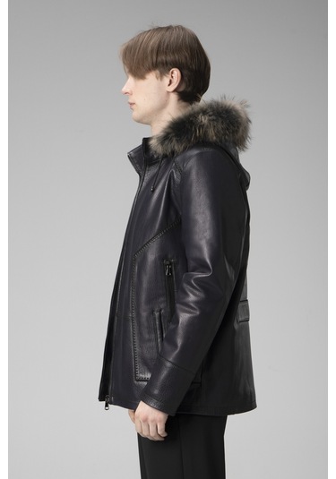 Lacivert Dericlub E2218 Kapüşonlu Jumbo Gerçek Deri Erkek Kaban Lacivert