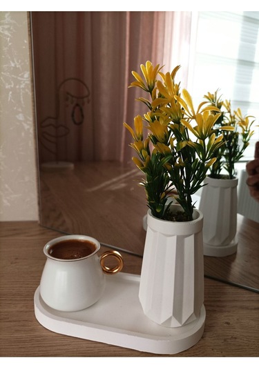 Mini Düz Desenli Beton Saksı Tekli Ve Oval Tabak - Yapay Çiçek Hediyeli - Yeşil