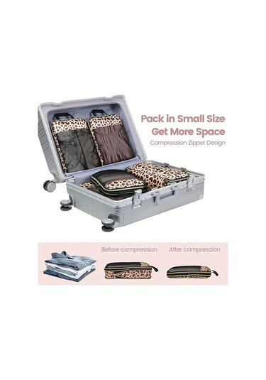 Fochsia 6lı Seyahat Sıkıştırma Paketleme Küpleri Çanta Bavul Düzenleyici Pembe Leopar Desen Ahşap