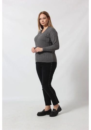 Y6328 Fındık Örgü Detaylı Triko Kazak Gri