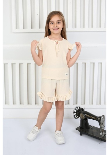 Fırfır Detaylı Şortlu Yazlık Kız Çocuk Takım Ekru