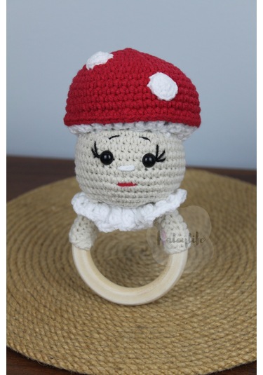 Aleylife Amigurumi Organik Mantar Çıngırak Diş Kaşıyıcı Bej - Kırmızı