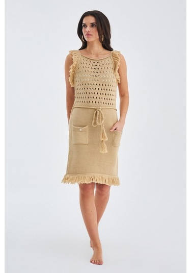 Peraluna Mıyokı Dress %100 Pamuk Diz Hizası Yazlık Kadın Triko El Bej