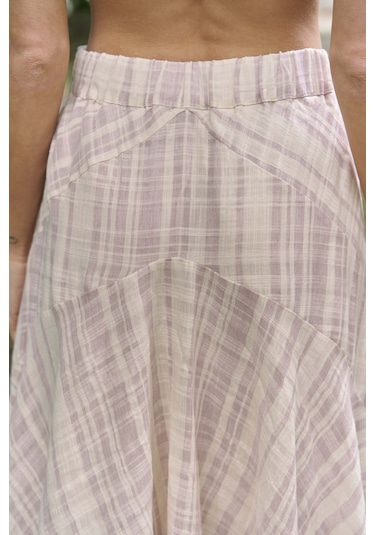 Lila Peigi Çizgili Parçalı Midi Etek Lila