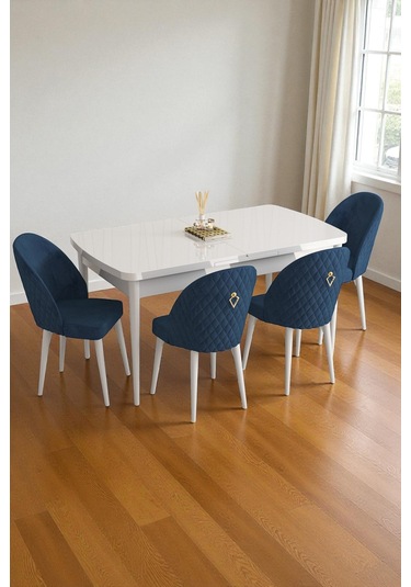 Mura Beyaz 80x132 Açılabilir Mdf Masa Yemek Odası Takımı, Mutfak Takımı 4 Adet Sandalye Lacivert