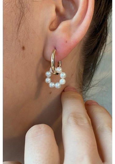 3-4,5 Mm Büyük Halka Geçirmeli Charm Doğal İnci Küpe Gold