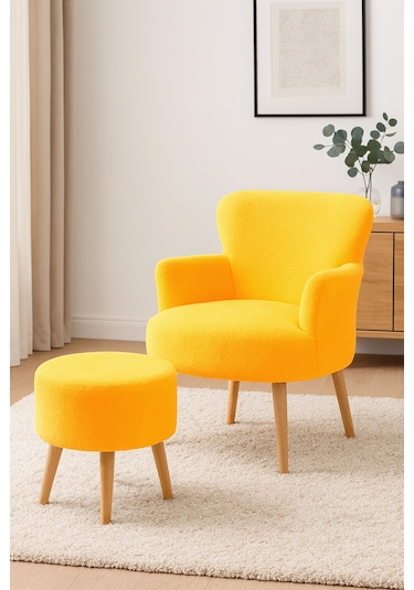 Roma Berjer + Puf Set - Welsoft Yumuşak Kumaş - Ahşap Ayak - Sarı Sarı