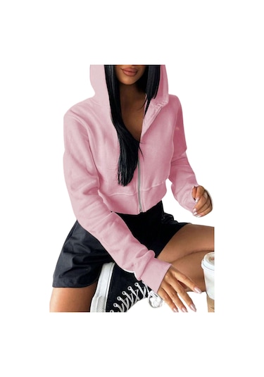 Pembe Kadın Crop Fermuarlı Kapüşonlu Sweatshirt Pembe