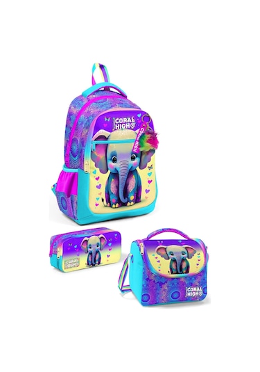 Coral High Kids Pembe Turkuaz Fil Desenli 3 Lü Okul Çanta Seti Set0123650