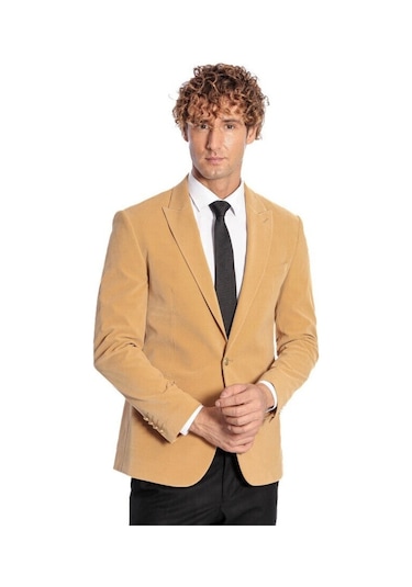 Wessi Geniş Sivri Yakalı Kadife Koyu Sarı Erkek Ceket - Wessi Sarı