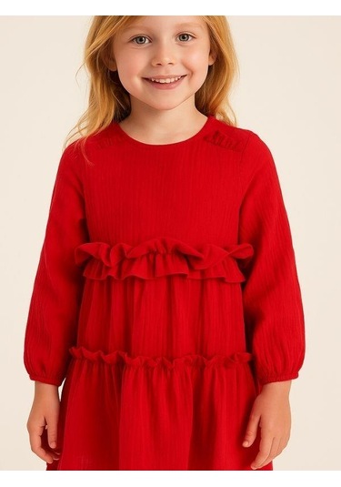Kız Çocuk Pamuklu Mevsimlik Astarlı Fırfırlı Bol Elbise-14441 Kırmızı