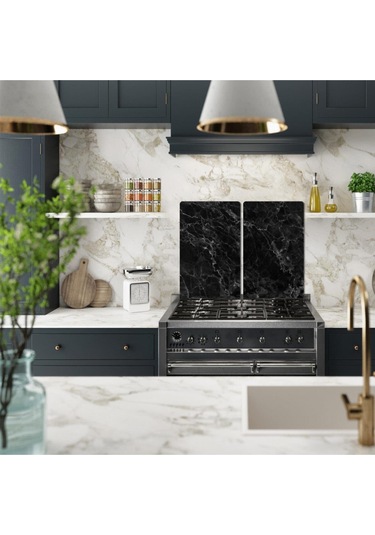 Dekoratif Cam Ocak Koruyucu ve Kesim Tablası Siyah Mermer 60Cm X