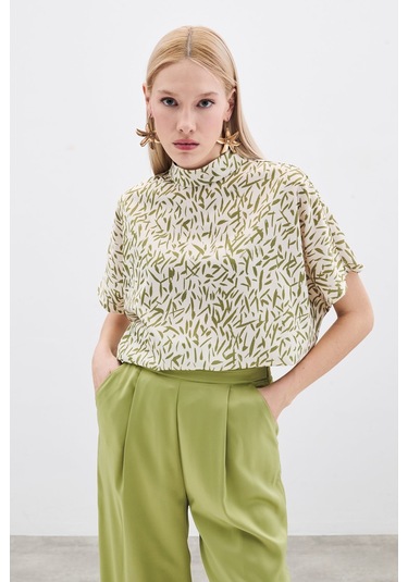 Sateen Yarasa Kol Desenli Bluz - Yağ Yeşili-135739 Yağ Yeşili