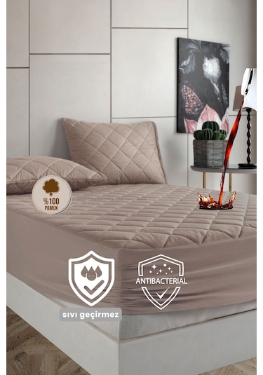 %100 Pamuk Renkli Kapitone Sıvı Geçirmez Alez Çarşaf - Kahverengi