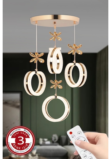 3 Renk Kumandalı Gold Kasa Yüzük Led Avize 4 Lü Modern Ledli Aviz