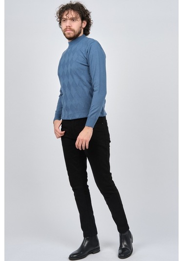 Çizgi Triko Erkek Yarım Balıkçı Baklava Desenli Kazak 42564257 Ma Mavi