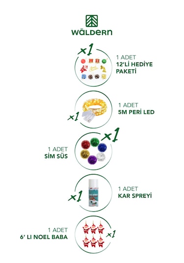 Waldern 120 CM Yılbaşı Çam Ağacı ve Süsleri (Kar Spreyi + 12 Parça Süs + 1 Sim Süs + 5 M Led Işık)