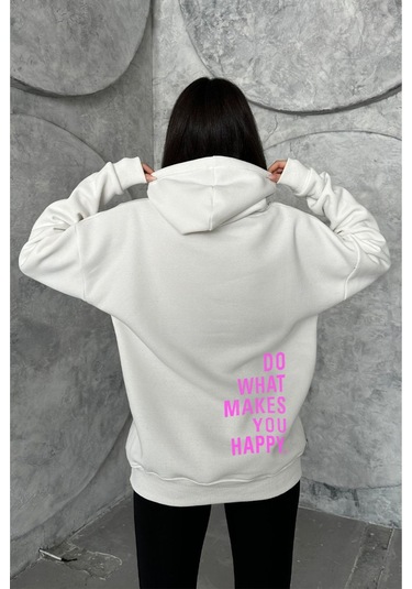 Kadın Krem Do What Makes You Happy Baskılı Oversize Kapüşonlu Sweatshirt Krem