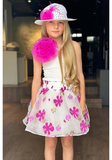 Riccotarz Kız Çocuk Tek Omuzlu Gül Detaylı Bluz Ve Jakar Desenli Fuşya Etekli Takım 001