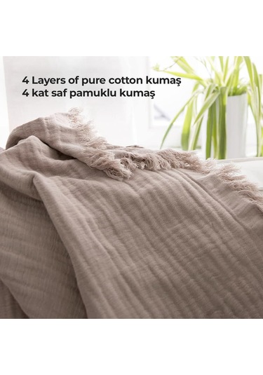 Müslin%100 Pamuk Tek Kişilik Yatak Örtüsü Pike Takımı 4 Katlı Yumuşak Battaniye 2 Parça Bej Cappuccino