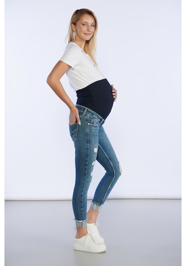 Bpf Lazer Detaylı Slim Fit Hamile Pantolon - Mavi
