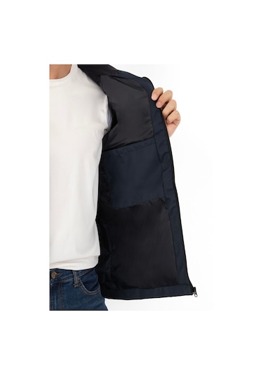 Erkek Lacivert İçi Astarlı Kanguru Cepli Su Ve Rüzgar Geçirmez Kapüşonlu Cepli Yağmurluk Lacivert