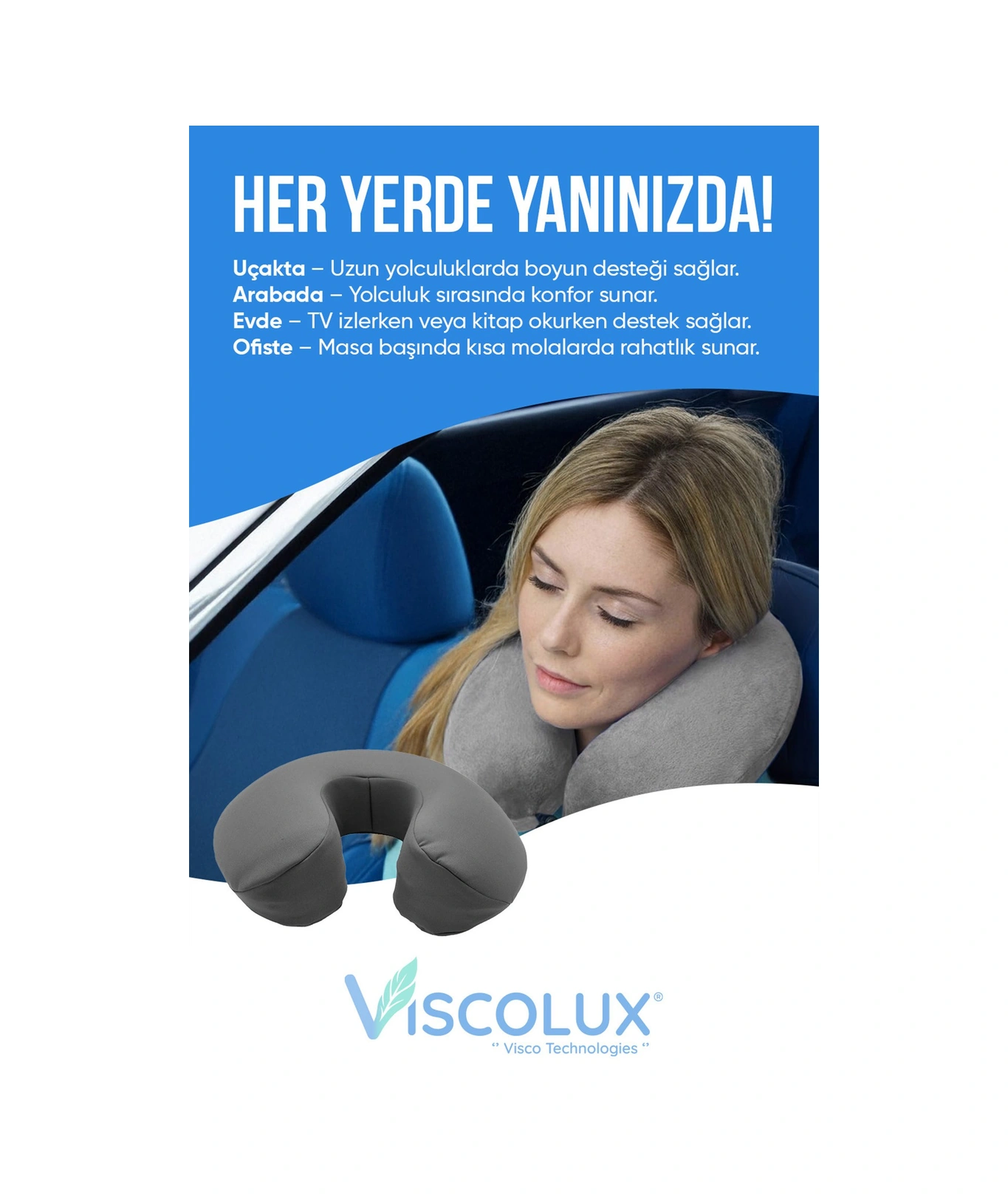 Ortopedik Visco Seyahat Yastığı - Visco Boyun Destekli Yastık 30x30x12 Füme