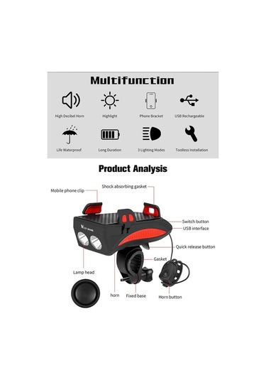Xbyc-6139 Bisiklet 400 Lümen Ön Far Zil Telefon Tutucu Mavi Gri - Siyah