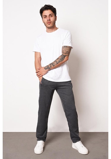Erkek Gri Fermuar Cep Nakış Detaylı Düz Paça Rahat Kesim Eşofman Altı Antrasit